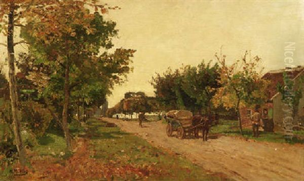 Bauern Mit Gespann Auf Einer Dorfstrase Am Niederrhein Oil Painting by Hugo Muehlig