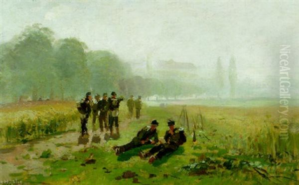 Soldiers Resting In The Field Oil Painting by Hugo Muehlig