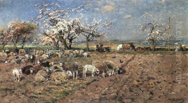 Schafherde Unter Bluhenden Obstbaumen Oil Painting by Hugo Muehlig