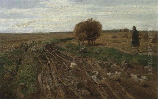 Heuernte (auf Einem Abgeernteten Feld Stapelt Ein Bauer Die Letzten Strohballen Auf Einen Eselskarren...) Oil Painting by Hugo Muehlig