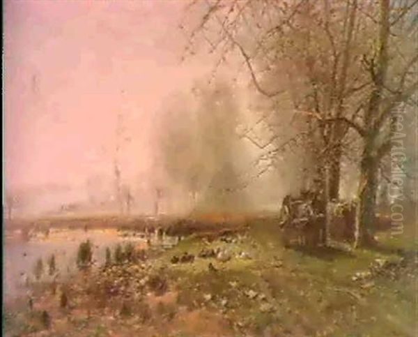 Reisigsammler Mit Eselskarren Auf Einem Uferweg Unter       Herbstlichen Blaumen Vor Einemholzstapel Oil Painting by Hugo Muehlig