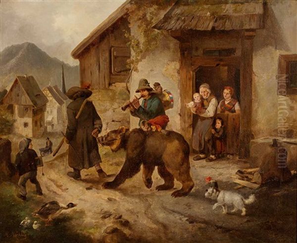 Zwei Gaukler Mit Bar, Affchen Und Hund Ziehen Durch Ein Dorf. Typisches Genre Eines Der Bekannten Maler Der Dusseldorfer Malerschule Oil Painting by Meno Muehlig