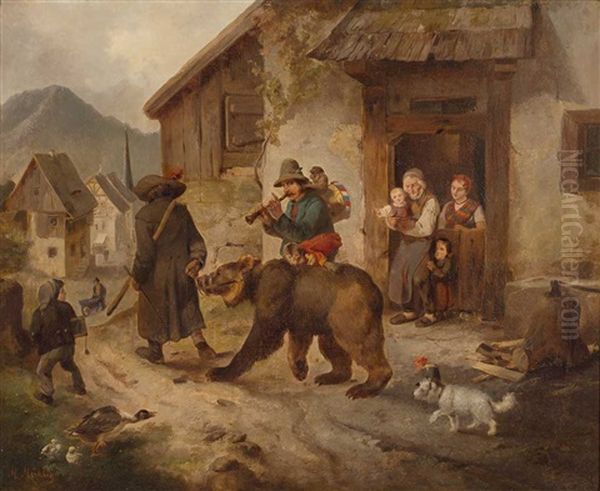 Zwei Gaukler Mit Bar, Affchen Und Hund Ziehen Durch Ein Dorf. Typisches Genre Eines Der Bekannten Maler Der Dusseldorfer Malerschule Oil Painting by Meno Muehlig