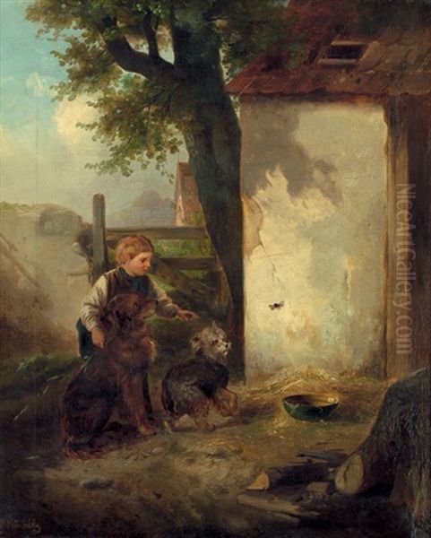 Knabe Mit Zwei Hunden Eine Biene Beobachtend Oil Painting by Meno Muehlig