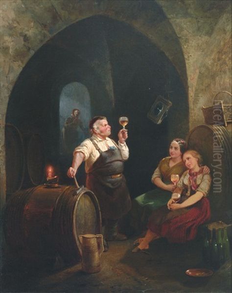 Kellermeister Und Zwei Beseelte Madchen Bei Der Weinprobe Oil Painting by Meno Muehlig