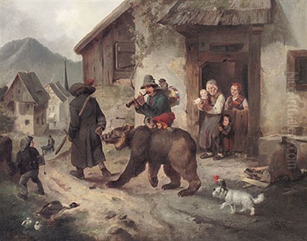 Barenfuhrer Und Musizierender Affengaukler Ziehen Mit Ihren Tieren Durch Ein Dorf. Eine Bauersfamilie Beobachtet Die Szene Oil Painting by Meno Muehlig