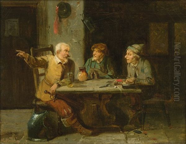 Der Alte Haudegen Erzahlt - Soldat In Der Stube Des Schneiders Oil Painting by Meno Muehlig