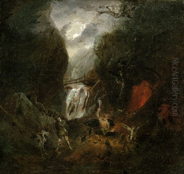 Szene Aus Dem Freischutz - Max Und Kaspar Giesen Die Kugeln In Der Wolfsschlucht Oil Painting by Meno Muehlig