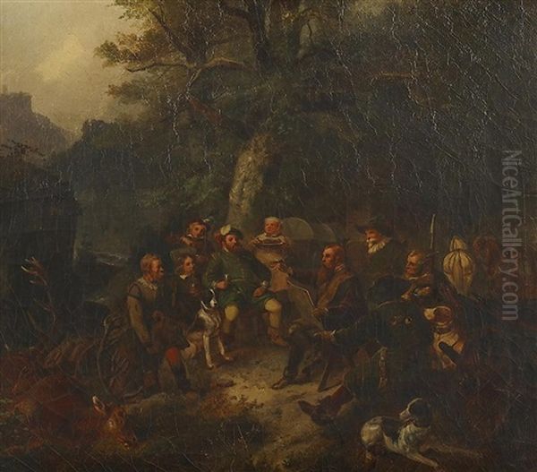 Jagdgesellschaft Mit Erlegtem Wild Von Einem Maler Gezeichnet Oil Painting by Meno Muehlig