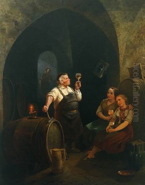 Kellermeister Und Zwei Beseelte Madchen Bei Der Weinprobe Oil Painting by Meno Muehlig