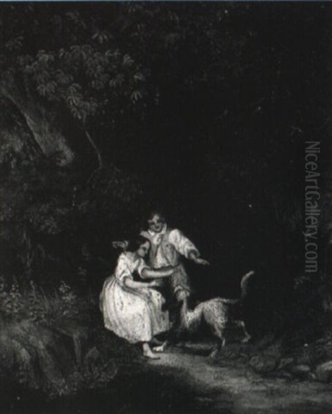 Knabe Und Madchen Mit Hund Im Wald Oil Painting by Meno Muehlig