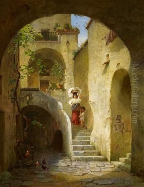 Im Innenhof Eines Italienischen Gehofts Oil Painting by Julius Muhr