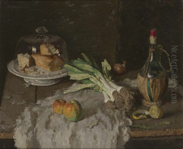 Still Life With Bell-glass, Leek And Wine Bottle Oil Painting by Ludwig Muhrmann