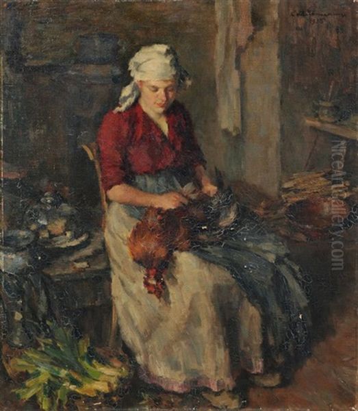 Magd Beim Huhnerrupfen Oil Painting by Ludwig Muhrmann