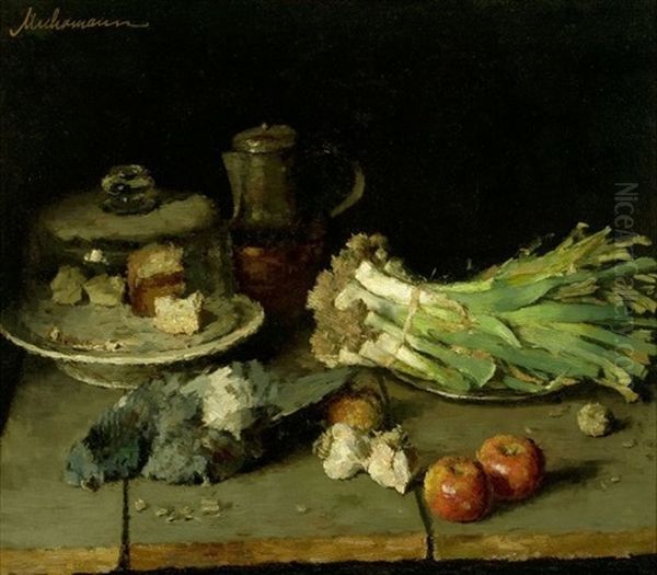 Stilleben Mit Lauch, Apfeln Und Weinkrug Oil Painting by Ludwig Muhrmann