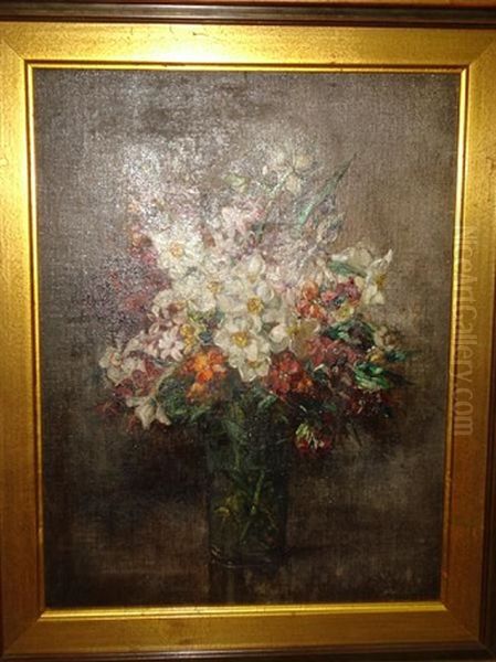 Narcissus And Other Flowers In A Glass Vase Oil Painting by Anne Davidson Muir