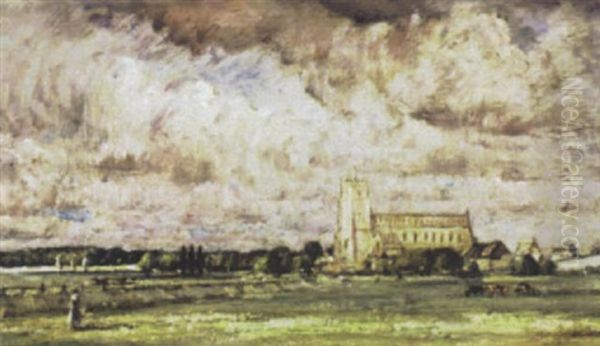 Figure In Pasture With Church In Distance Oil Painting by David Thomas Muirhead