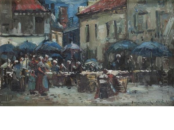 The Village Market (+ City Bridge; 2 Works) Oil Painting by John Muirhead