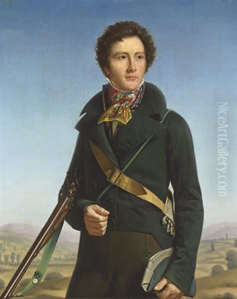 Portrait Of A Gentleman (jean-andre Prosper Henri Le Page?) In A Green Jacket And Carrying A Rifle Oil Painting by Francois Henri Mulard