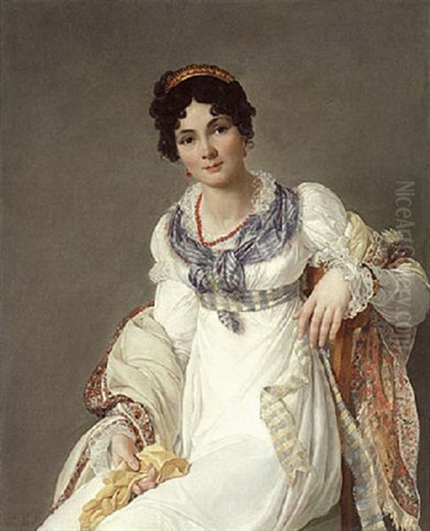 Portrait Of A Lady Wearing A White Dress With A Paisley Shawl And Holding A Glove Oil Painting by Francois Henri Mulard