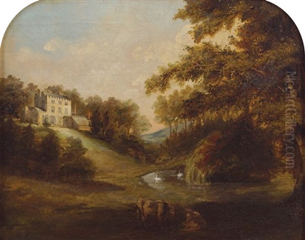 A Wooded River Landscape With A Georgian Country House Oil Painting by Jeremiah Hodges Mulcahy