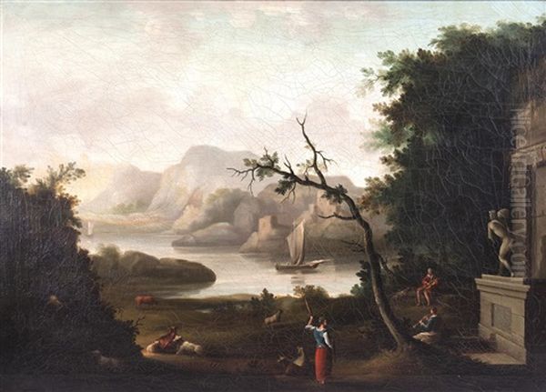 A Southern River Landscape With Figures And Animals Oil Painting by Jeremiah Hodges Mulcahy