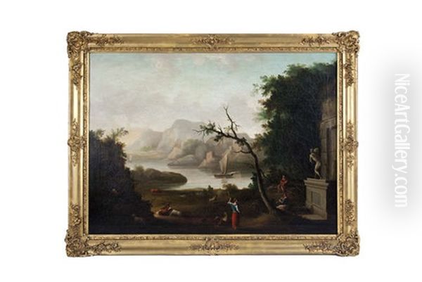 A Southern River Landscape With Figures And Animals, A Classical Statue By A Ruin In The Right Foreground Oil Painting by Jeremiah Hodges Mulcahy