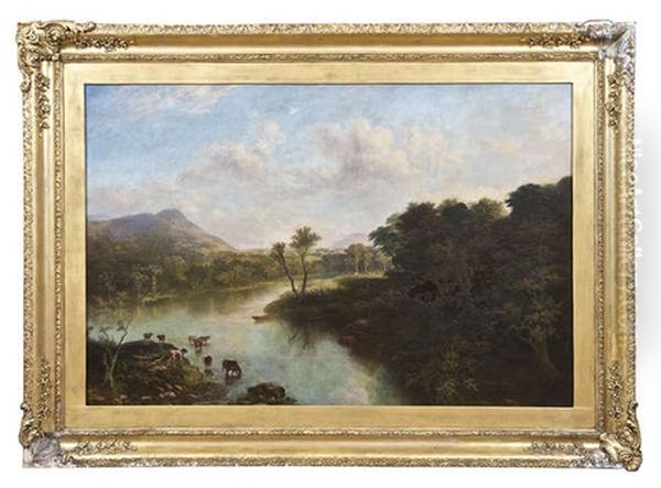 An Extensive Wooded River Landscape, With Cattle Watering Oil Painting by Jeremiah Hodges Mulcahy