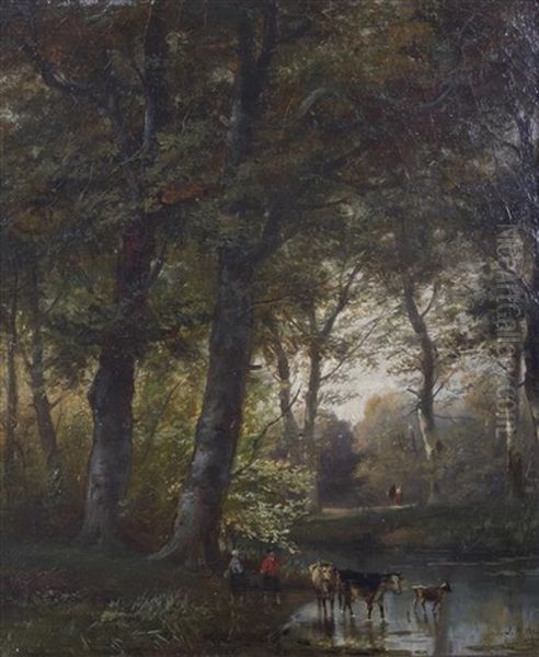 Pastoral Scene With Figures And Cows Oil Painting by Jeremiah Hodges Mulcahy