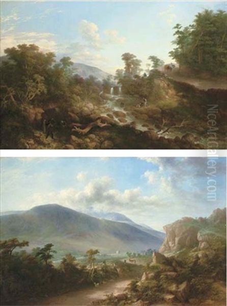 Wooded River Landscape With A Figure Crossing A River In The Foreground And A Horse And Cart On A Roadside (+ An Extensive Mountainous Landscape With Goats On A Path In The Foreground, 1866; Pair) Oil Painting by Jeremiah Hodges Mulcahy