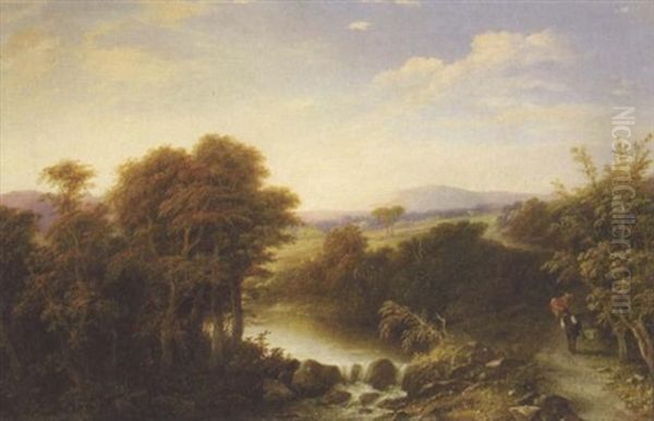 A River Landscape With A Drover Herding Sheep Oil Painting by Jeremiah Hodges Mulcahy