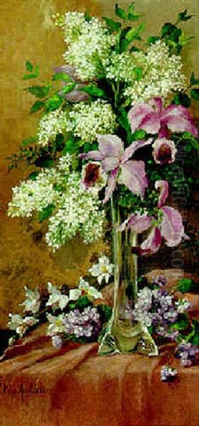 Lilac And Irises In A Glass Vase Oil Painting by Camille van Mulders