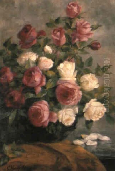 Roses In A Vase On A Ledge by Camille van Mulders