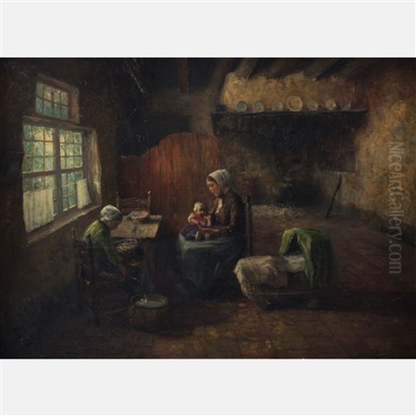 Interior Scene With Mother And Children Oil Painting by Carl Eugene Mulertt