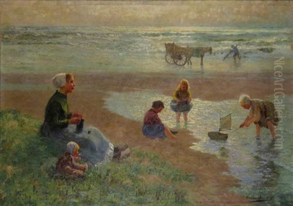 Mother And Children At The Beach Oil Painting by Carl Eugene Mulertt