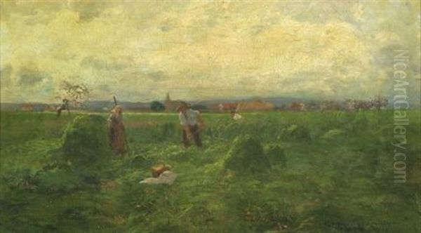 Peasant Workers, Barbizon Oil Painting by Carl Eugene Mulertt