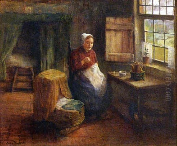 Interior Scene Of A Mother Sewing Beside A Child Sleeping In A Bassinet Oil Painting by Carl Eugene Mulertt