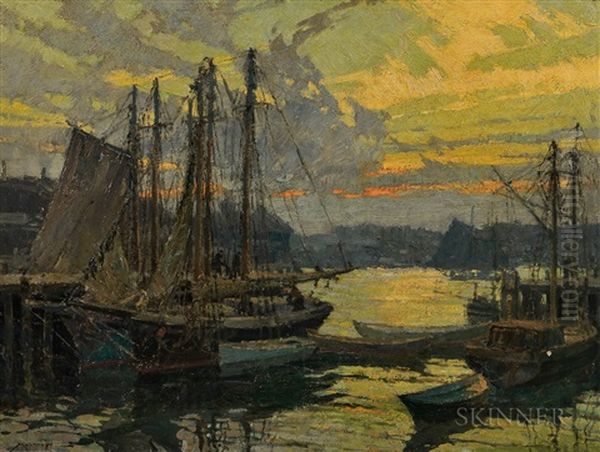 Harbor View At Sunset Oil Painting by Frederick J. Mulhaupt