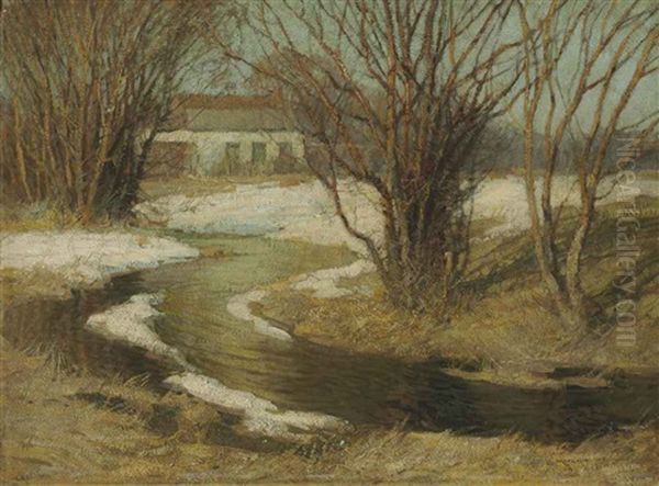 House By A Stream Oil Painting by Frederick J. Mulhaupt