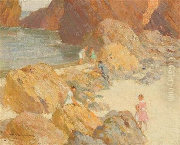 Children On A Rocky Coast Oil Painting by Frederick J. Mulhaupt