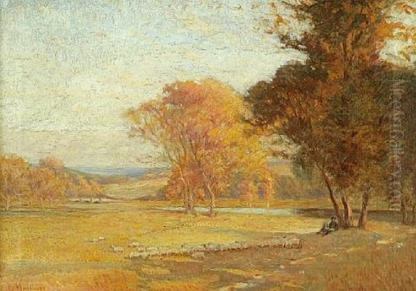 Shepherd And Flock In Autumn Oil Painting by Frederick J. Mulhaupt