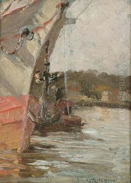 Ship In Harbor Oil Painting by Frederick J. Mulhaupt