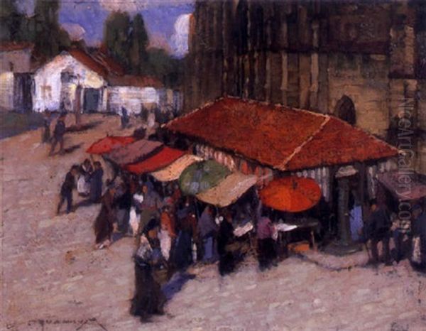 Market At Moret, France by Frederick J. Mulhaupt