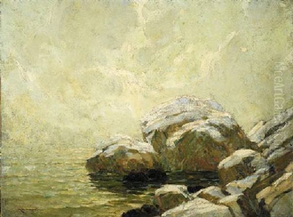 Seascape With Rock In Winter Oil Painting by Frederick J. Mulhaupt