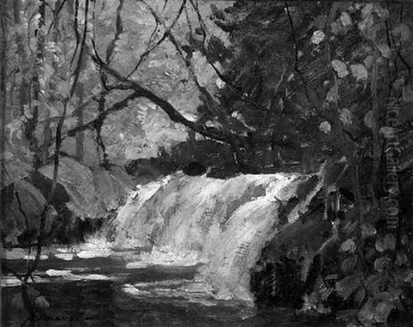 Waterfall In An Autumn Wood Oil Painting by Frederick J. Mulhaupt