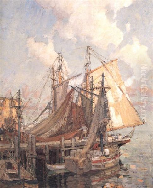 Sailboats At Dock Oil Painting by Frederick J. Mulhaupt