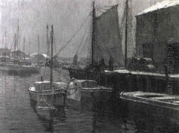 Winter In The Harbor Oil Painting by Frederick J. Mulhaupt