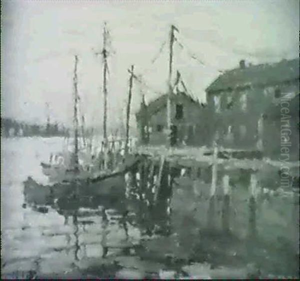 Evening, Wheeler's Wharf/a Gloucester Harbor View Oil Painting by Frederick J. Mulhaupt