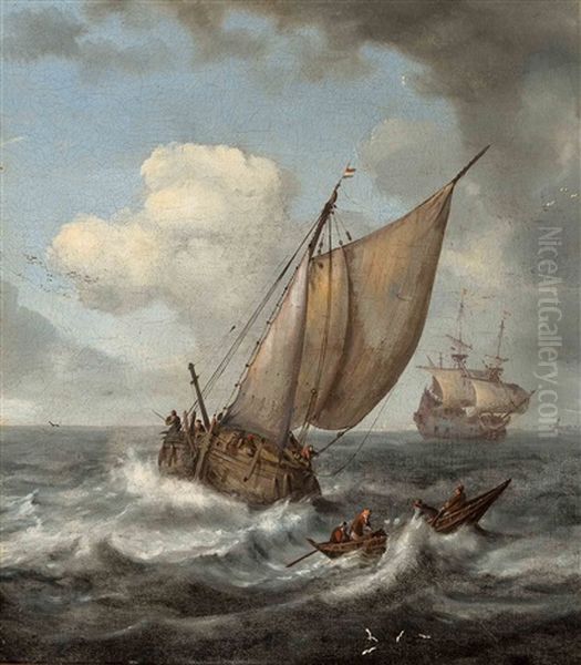 A Fishing Boat, A Rowing Boat And A Dutch Three-master In Choppy Waters Oil Painting by Pieter Mulier the Elder