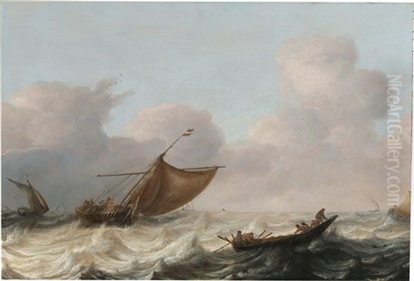 Fishing Vessels In A Stormy Sea Oil Painting by Pieter Mulier the Elder